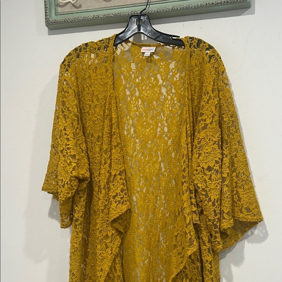 LuLaRoe Mustard Gold Lace Short Sleeve Cardigan French blue Fringe large duster - Picture 2 of 7